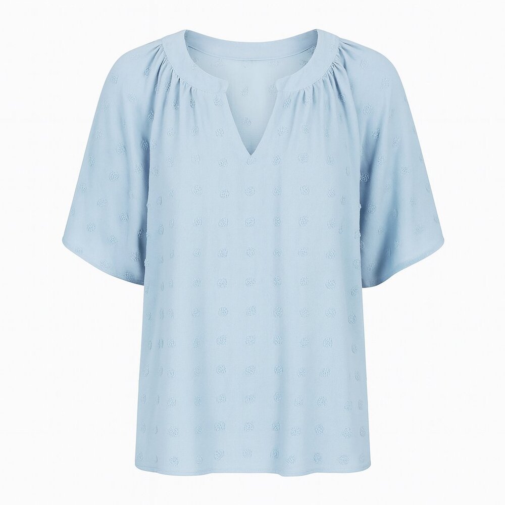 Anrabess Flowy Sky-Blue Swiss Dot Textured Split V-Neck Blouse Large